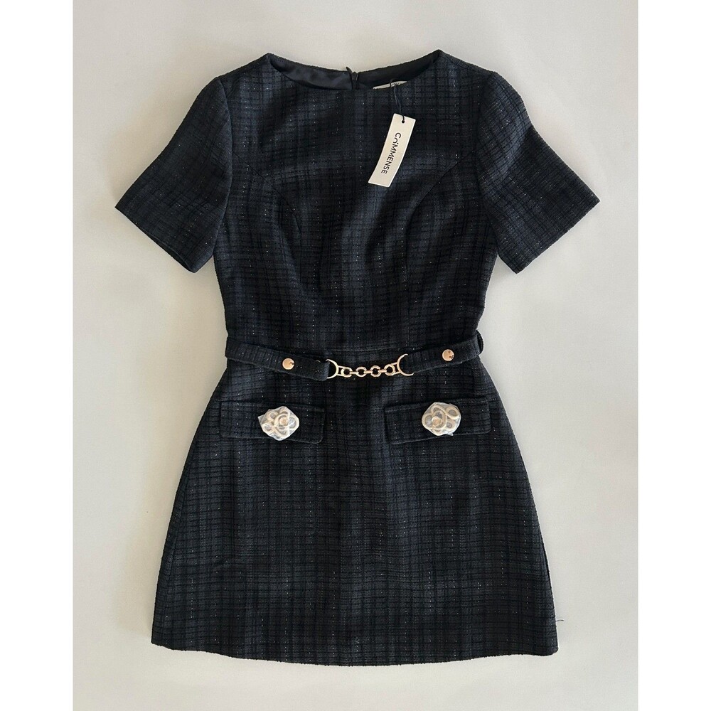 COMMENSE Plaid Short Sleeve Mini Dress with Chain Belt – Size XS